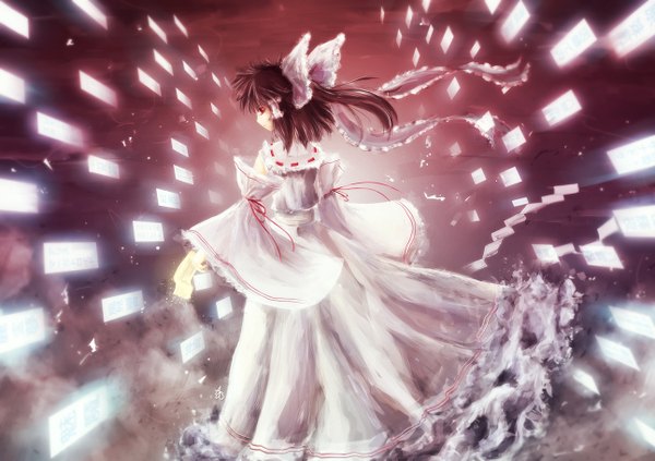 Anime picture 1292x913 with touhou hakurei reimu arufa (hourai-sugar) single short hair red eyes brown hair japanese clothes looking back back magic alternate color girl dress bow hair bow detached sleeves