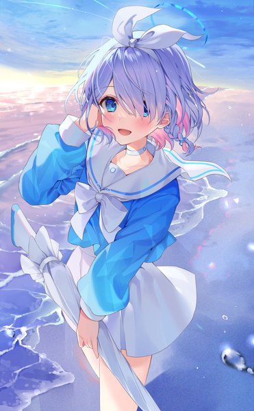 Anime picture 1791x2894 with blue archive arona (blue archive) ion (on01e) single tall image blush fringe highres short hair open mouth blue eyes pink hair sky silver hair outdoors :d multicolored hair from above wind hair over one eye