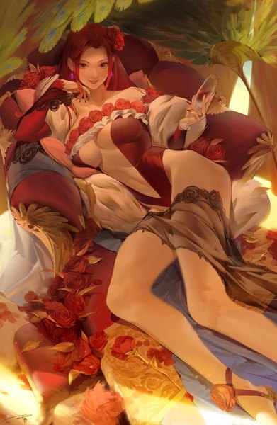 Anime picture 3216x4933 with original damiaodi single long hair tall image looking at viewer highres breasts light erotic smile red eyes large breasts holding signed absurdres red hair lying nail polish parted lips hair flower