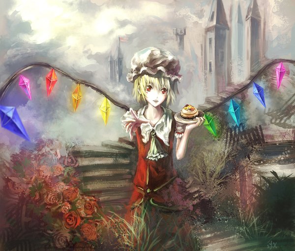 Anime picture 2008x1707 with touhou flandre scarlet 2y.z (artist) single highres short hair open mouth blonde hair red eyes sky cloud (clouds) girl flower (flowers) plant (plants) hat wings food rose (roses) building (buildings) stairs