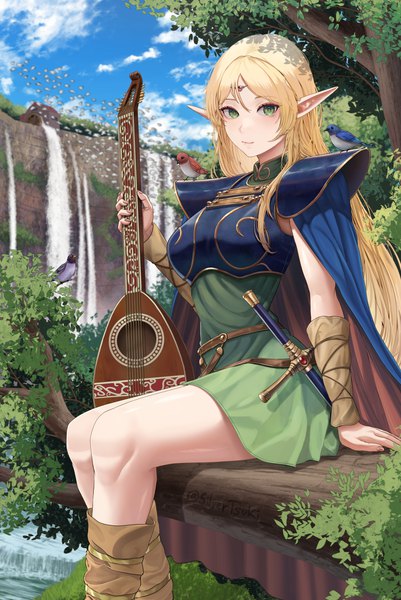 Anime picture 1006x1505 with record of lodoss war deedlit silvertsuki single long hair tall image looking at viewer blush fringe breasts blonde hair hair between eyes sitting holding green eyes signed payot sky cloud (clouds) outdoors