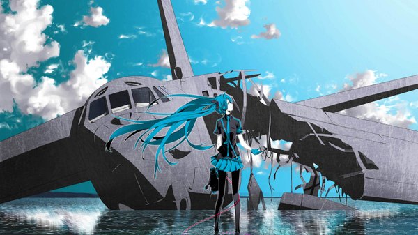 Anime picture 1600x900 with vocaloid koi wa sensou (vocaloid) hatsune miku irena (artist) long hair wide image twintails looking away aqua hair crash girl gloves water necktie sea aircraft airplane megaphone