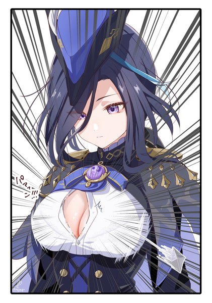 Anime picture 2183x3111 with genshin impact clorinde (genshin impact) kabu usagi single long hair tall image fringe highres breasts light erotic black hair large breasts purple eyes upper body hair over one eye inscription border looking down partially open clothes girl