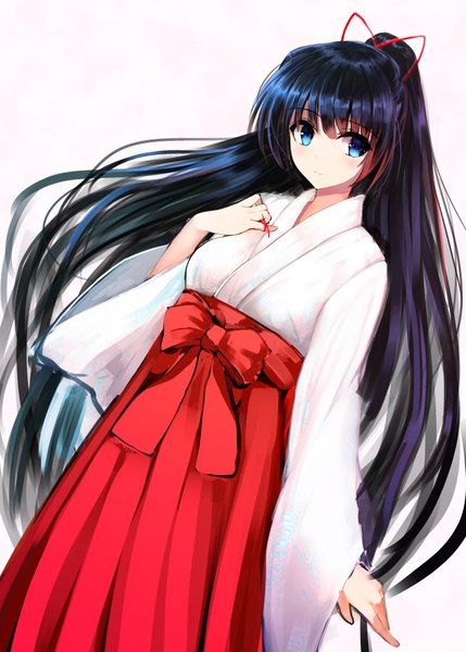 Anime picture 1429x2000 with original iori (cpeilad) single long hair tall image looking at viewer blue eyes simple background white background blue hair ponytail traditional clothes japanese clothes miko girl hakama
