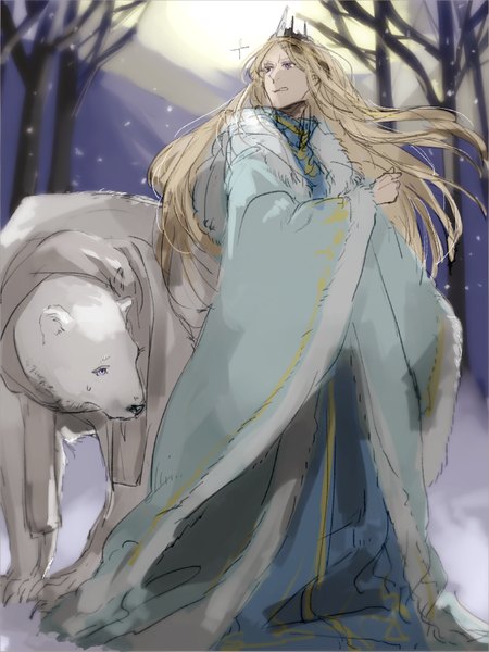 Anime picture 658x877 with axis powers hetalia studio deen russia (hetalia) usukikaori (nino) single long hair tall image blonde hair standing purple eyes outdoors blurry night fur trim turning head snowing winter snow angry bare tree