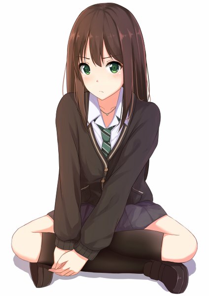 Anime picture 904x1280 with idolmaster idolmaster cinderella girls shibuya rin itachi kanade single long hair tall image looking at viewer blush fringe simple background brown hair sitting green eyes bent knee (knees) pleated skirt crossed legs pink background open collar indian style