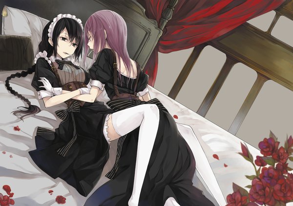 Anime picture 1504x1062 with original rage (rojiura) long hair black hair multiple girls red hair lying black eyes maid shoujo ai smoking girl thighhighs dress gloves flower (flowers) 2 girls petals white thighhighs bed