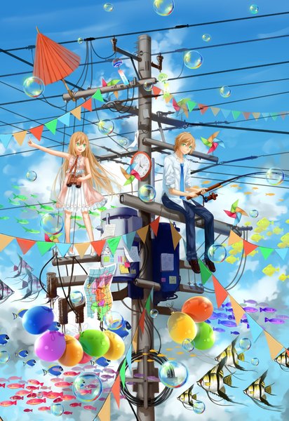 Anime picture 1179x1715 with original ze xia long hair tall image fringe short hair open mouth blonde hair smile hair between eyes brown hair standing sitting holding green eyes sky cloud (clouds) outdoors pointing fishing
