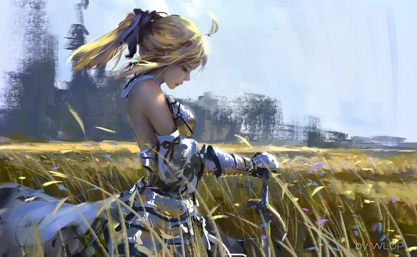 Anime picture 1200x741 with fate (series) fate/unlimited codes type-moon artoria pendragon (all) saber lily wlop single long hair fringe breasts blonde hair wide image standing ponytail eyes closed head tilt lips horizon bare back field
