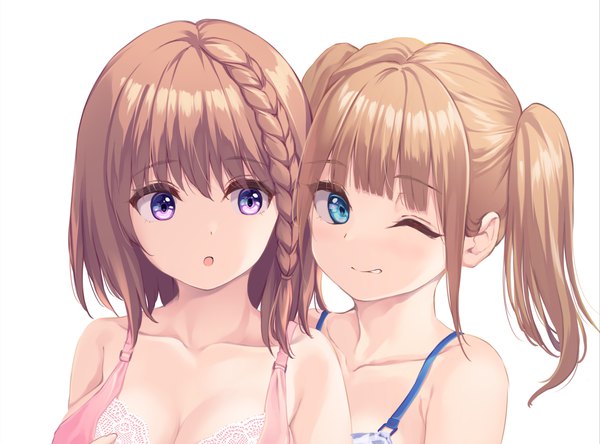 Anime picture 1624x1203 with original pasdar looking at viewer fringe short hair open mouth blue eyes light erotic simple background brown hair white background purple eyes twintails multiple girls payot looking away upper body blunt bangs braid (braids) one eye closed