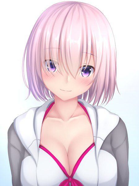 Anime picture 600x800 with fate (series) fate/grand order mash kyrielight mash kyrielight (swimsuit of perpetual summer) tapisuke single tall image looking at viewer blush fringe short hair breasts simple background large breasts purple eyes cleavage purple hair upper body head tilt hair over one eye