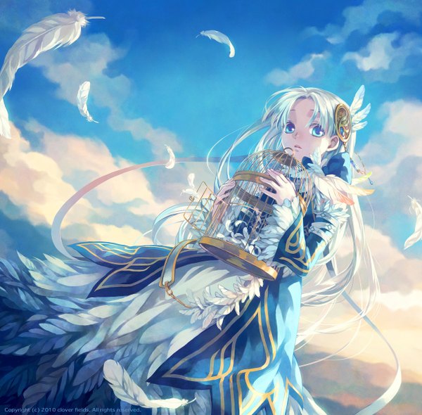 Anime picture 1220x1200 with minami seira long hair blue eyes sky cloud (clouds) white hair girl dress ribbon (ribbons) wings feather (feathers) cage