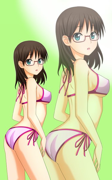 Anime picture 942x1500 with yondemasu yo, azazel-san production i.g sakuma rinko kenken tall image looking at viewer short hair open mouth blue eyes light erotic black hair bare shoulders zoom layer girl swimsuit bikini glasses