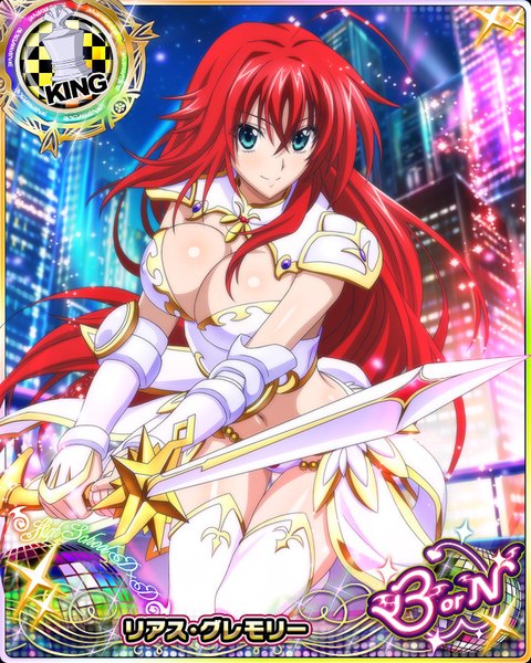 Anime picture 640x800 with highschool dxd rias gremory single tall image looking at viewer breasts blue eyes light erotic large breasts cleavage ahoge red hair very long hair light smile card (medium) girl thighhighs navel weapon white thighhighs