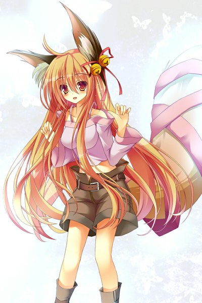 Anime picture 666x1000 with original takataka single long hair tall image looking at viewer blush open mouth standing animal ears tail animal tail orange hair orange eyes fox ears fox tail fox girl girl shorts bell