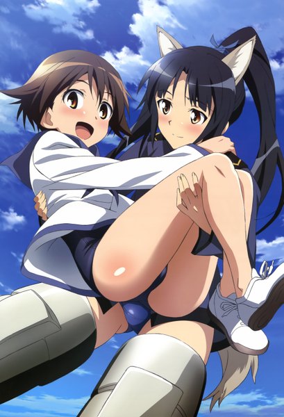 Anime picture 4077x5976 with strike witches nyantype miyafuji yoshika hattori shizuka shimizu yuusuke long hair tall image highres short hair open mouth light erotic black hair brown hair multiple girls brown eyes animal ears absurdres cloud (clouds) ponytail official art