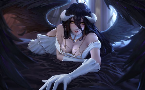 Anime picture 4000x2500 with overlord (maruyama) madhouse albedo (overlord) raikoart single long hair looking at viewer blush fringe highres breasts light erotic black hair smile hair between eyes large breasts bare shoulders yellow eyes payot absurdres