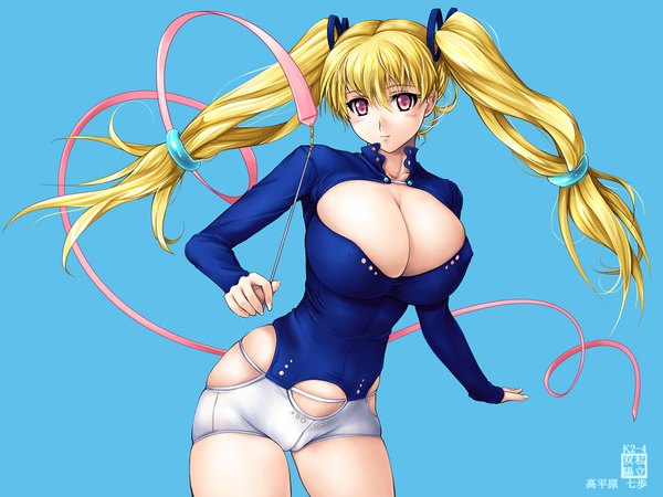 Anime picture 1024x768 with original zundarepon blush breasts light erotic blonde hair twintails cleavage pink eyes wallpaper erect nipples huge breasts covered nipples cameltoe cleavage cutout ribbon (ribbons) hair ribbon nanaho cohagen