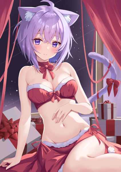 Anime picture 3496x4961 with virtual youtuber hololive nekomata okayu thorny single tall image looking at viewer blush fringe highres short hair breasts light erotic smile hair between eyes sitting purple eyes animal ears absurdres purple hair