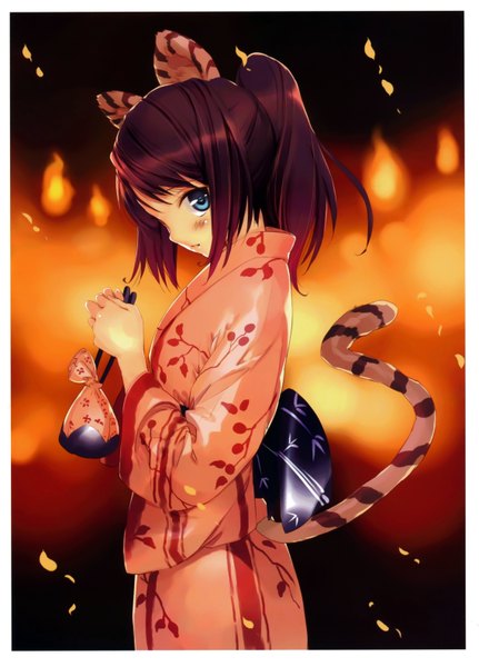 Anime picture 4556x6343 with original ueda ryou single tall image looking at viewer highres short hair blue eyes brown hair animal ears absurdres tail japanese clothes animal tail profile cat ears scan cat tail girl kimono