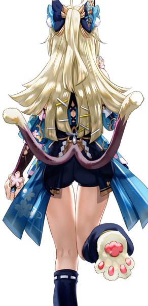 Anime picture 836x1720 with genshin impact kirara (genshin impact) uenoryoma single long hair tall image simple background blonde hair standing white background tail animal tail from behind bare legs cat tail standing on one leg nekomata girl hair ornament bow