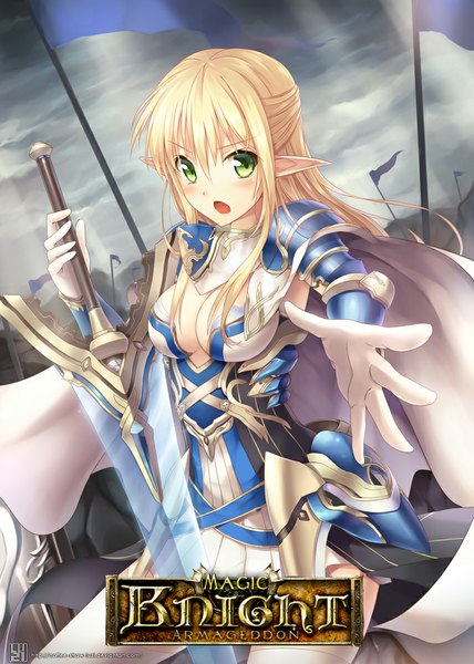 Anime-Bild 700x980 mit magic knight armageddon luzi (coffee-straw-luzi) single long hair tall image blush open mouth blonde hair green eyes sky cloud (clouds) pointy ears sunlight inscription girl gloves weapon elbow gloves white gloves armor