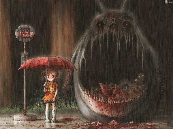 Anime picture 1600x1200 with tonari no totoro studio ghibli totoro kusakabe mei j-e-m-g rain crying parody death guro creepy girl dress weapon plant (plants) tree (trees) gun blood umbrella grass