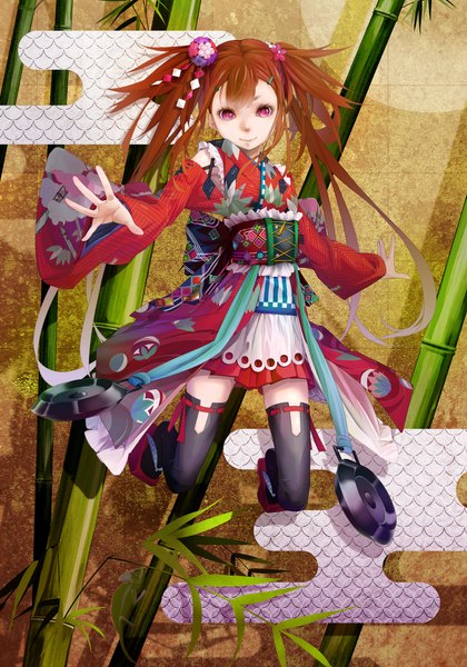 Anime picture 2800x4000 with original miya-ki (miya key) single long hair tall image looking at viewer fringe highres smile red eyes brown hair twintails traditional clothes japanese clothes egasumi girl thighhighs hair ornament black thighhighs plant (plants)