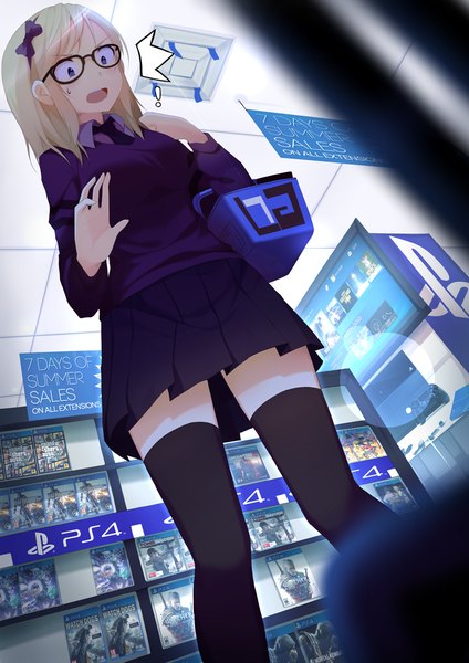 Anime picture 800x1131 with original riki-to single long hair tall image blush open mouth blue eyes blonde hair pleated skirt blurry from below dutch angle zettai ryouiki surprised ! girl thighhighs skirt uniform