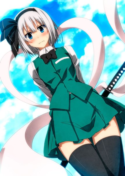 Anime picture 800x1120 with touhou konpaku youmu sazanami mio single tall image looking at viewer blush short hair blue eyes sky white hair pleated skirt from below sweat embarrassed ghost girl thighhighs skirt ribbon (ribbons)