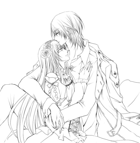 Anime picture 2518x2574 with vampire knight studio deen cross yuki clan kaname long hair tall image highres short hair white background sitting white hair eyes closed profile hair flower open clothes open jacket couple hug monochrome face to face