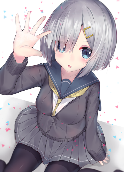 Anime picture 834x1153 with kantai collection hamakaze destroyer neku (neku draw) single tall image looking at viewer blush fringe short hair open mouth blue eyes silver hair hair over one eye girl skirt miniskirt sailor suit