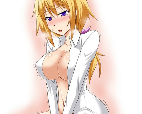 Anime picture 1024x819 with infinite stratos 8bit charles dunois single long hair blush breasts open mouth light erotic simple background blonde hair large breasts purple eyes open clothes open shirt girl navel