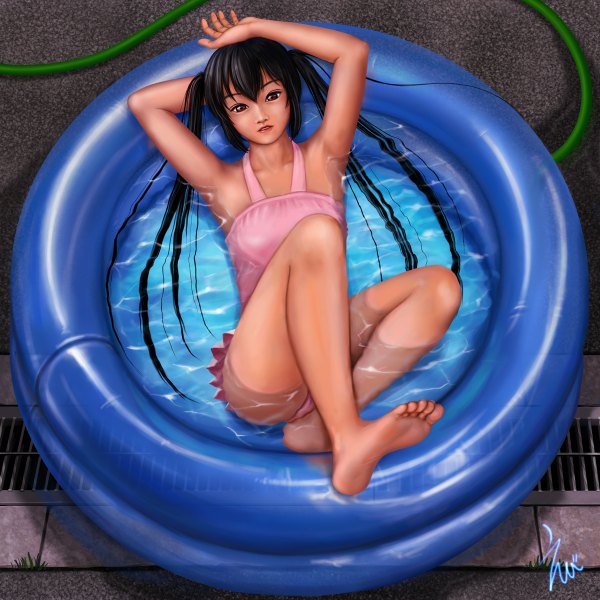 Anime picture 1200x1200 with k-on! kyoto animation nakano azusa ebi (eeotoko) single long hair looking at viewer light erotic black hair twintails brown eyes signed realistic legs girl swimsuit pool hose wading pool
