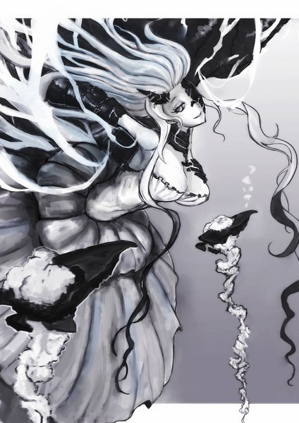 Anime picture 877x1241 with kantai collection abyssal jellyfish hime pepii single tall image looking at viewer breasts light erotic simple background smile large breasts cleavage very long hair horn (horns) grey background gradient background floating hair monochrome shinkaisei-kan girl