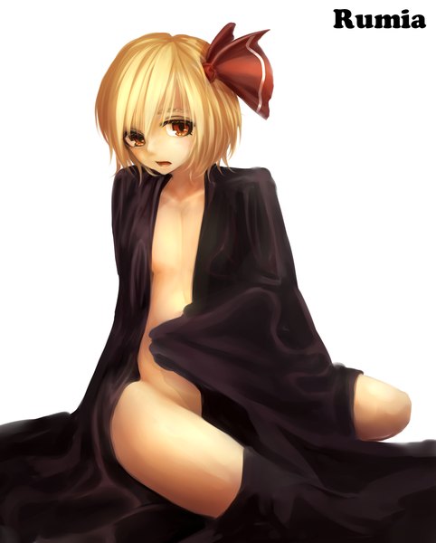 Anime picture 1525x1897 with touhou rumia shikkoku (border of season) single tall image short hair open mouth light erotic simple background blonde hair red eyes white background girl bow hair bow