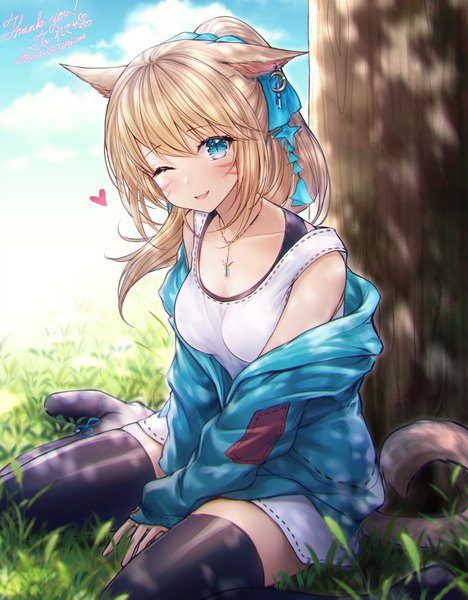 Anime picture 1600x2050 with final fantasy final fantasy xiv square enix miqo'te mirukurim single long hair tall image looking at viewer fringe open mouth blue eyes blonde hair smile sitting signed animal ears payot outdoors ponytail