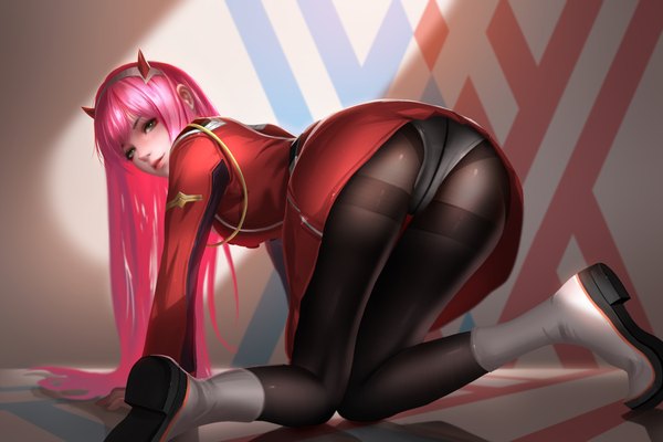Anime picture 4500x3000 with darling in the franxx studio trigger zero two (darling in the franxx) liang xing single long hair looking at viewer fringe highres breasts light erotic green eyes pink hair absurdres full body ass parted lips looking back horn (horns) light smile