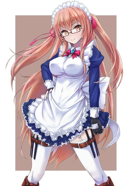 Anime picture 1075x1518 with original modern combat maid (tori@gununu) tori@gununu single long hair tall image looking at viewer brown hair brown eyes maid girl thighhighs dress gloves uniform white thighhighs glasses headdress fingerless gloves maid headdress