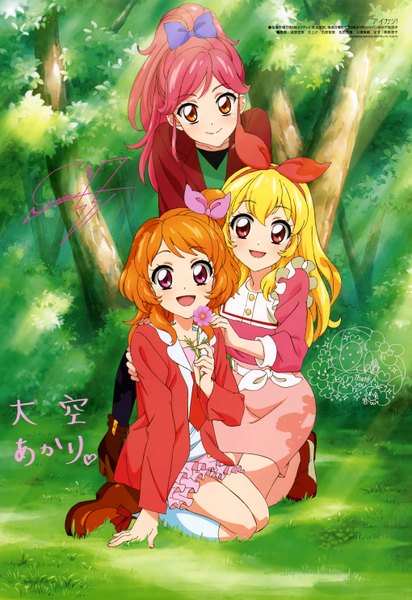 Anime picture 4075x5927 with aikatsu! hoshimiya ichigo oozora akari otoshiro seira watanabe satomi long hair tall image highres short hair open mouth blonde hair smile multiple girls pink hair absurdres orange hair official art girl dress bow