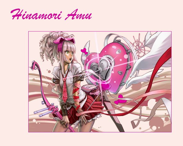 Anime picture 1280x1024 with shugo chara! hinamori amu aro (charged time out) long hair open mouth simple background blonde hair green eyes pink hair tail inscription wavy hair curly hair girl uniform ribbon (ribbons) bow hair bow school uniform shirt
