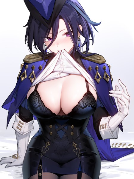Anime picture 1037x1382 with genshin impact clorinde (genshin impact) 95--- single long hair tall image blush fringe breasts light erotic hair between eyes large breasts sitting purple eyes holding looking away cleavage purple hair arm support mouth hold