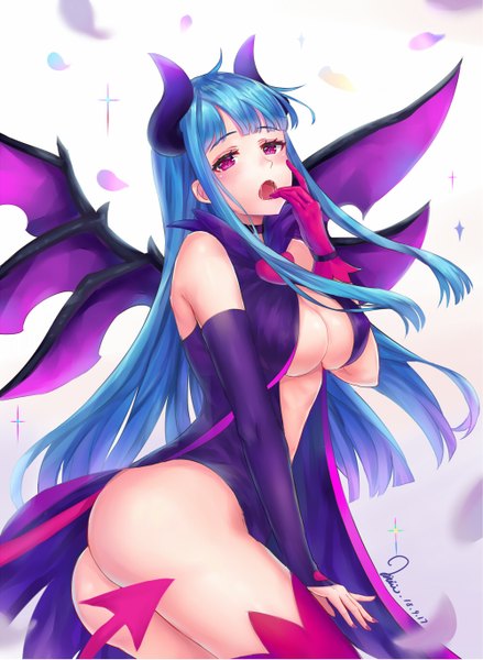 Anime picture 1000x1365 with musedash marija sunshine7 single long hair tall image looking at viewer blush fringe breasts open mouth light erotic simple background white background purple eyes bare shoulders signed blue hair cleavage ass