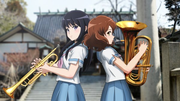 Anime picture 2844x1600 with hibike! euphonium kyoto animation kousaka reina oumae kumiko genya (genya67) highres black hair brown hair wide image purple eyes multiple girls brown eyes back to back girl uniform 2 girls school uniform serafuku musical instrument trumpet