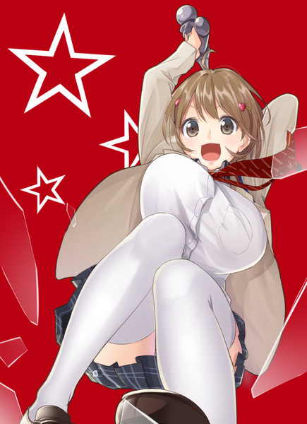 Anime picture 725x1000 with occultic;nine a-1 pictures narusawa ryouka meso-meso tall image fringe short hair breasts open mouth light erotic hair between eyes brown hair brown eyes huge breasts red background girl thighhighs skirt uniform school uniform