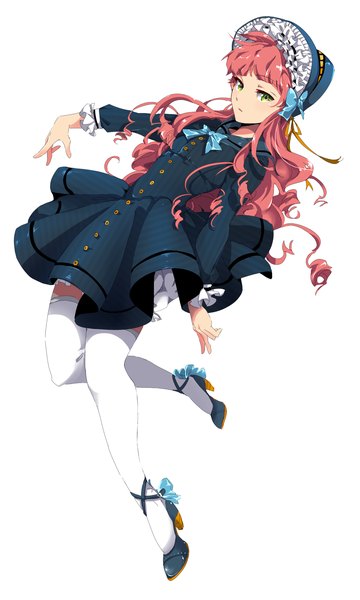 Anime picture 1000x1666 with original rakeng single long hair tall image looking at viewer simple background green eyes red hair eyes closed long sleeves sunlight grey background loli high heels spread arms lolita fashion goth-loli girl thighhighs