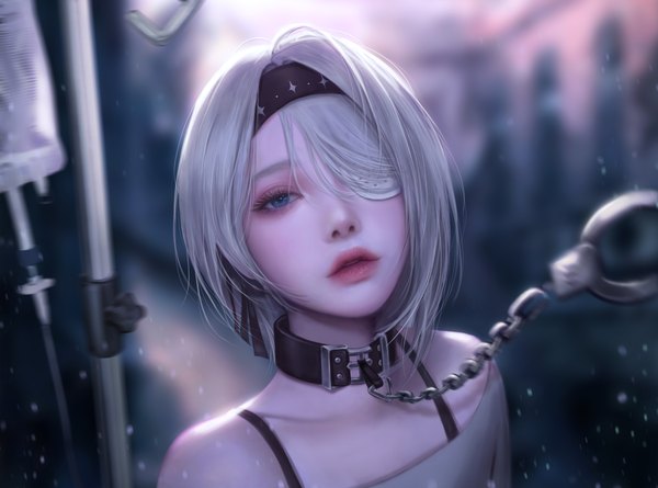 Anime picture 3261x2419 with black survival sissela (black survival) pinker single looking at viewer fringe highres short hair open mouth blue eyes absurdres upper body lips grey hair blurry realistic off shoulder depth of field girl headband