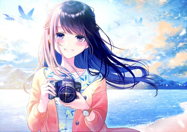 Anime picture 1200x847 with original kashiwabara en single long hair looking at viewer blush fringe black hair smile holding payot pink hair sky cloud (clouds) outdoors blunt bangs braid (braids) multicolored hair wind off shoulder