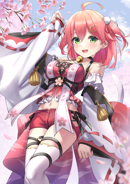 Anime picture 1447x2047 with virtual youtuber hololive sakura miko sakura miko (4th costume) tsurupy single tall image blush fringe short hair open mouth hair between eyes green eyes pink hair ahoge :d from below two side up cherry blossoms official alternate costume