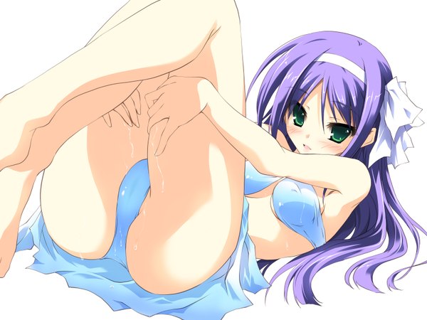 Anime picture 3200x2400 with kikurage (plastic people) single long hair blush highres light erotic simple background white background green eyes absurdres purple hair girl swimsuit hairband